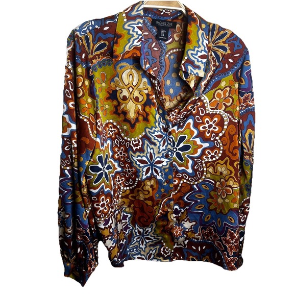 Rachel Zoe Long Sleeve Sz M Button Up Satin Colorful Bohemian Lightweight Retro - Picture 1 of 6
